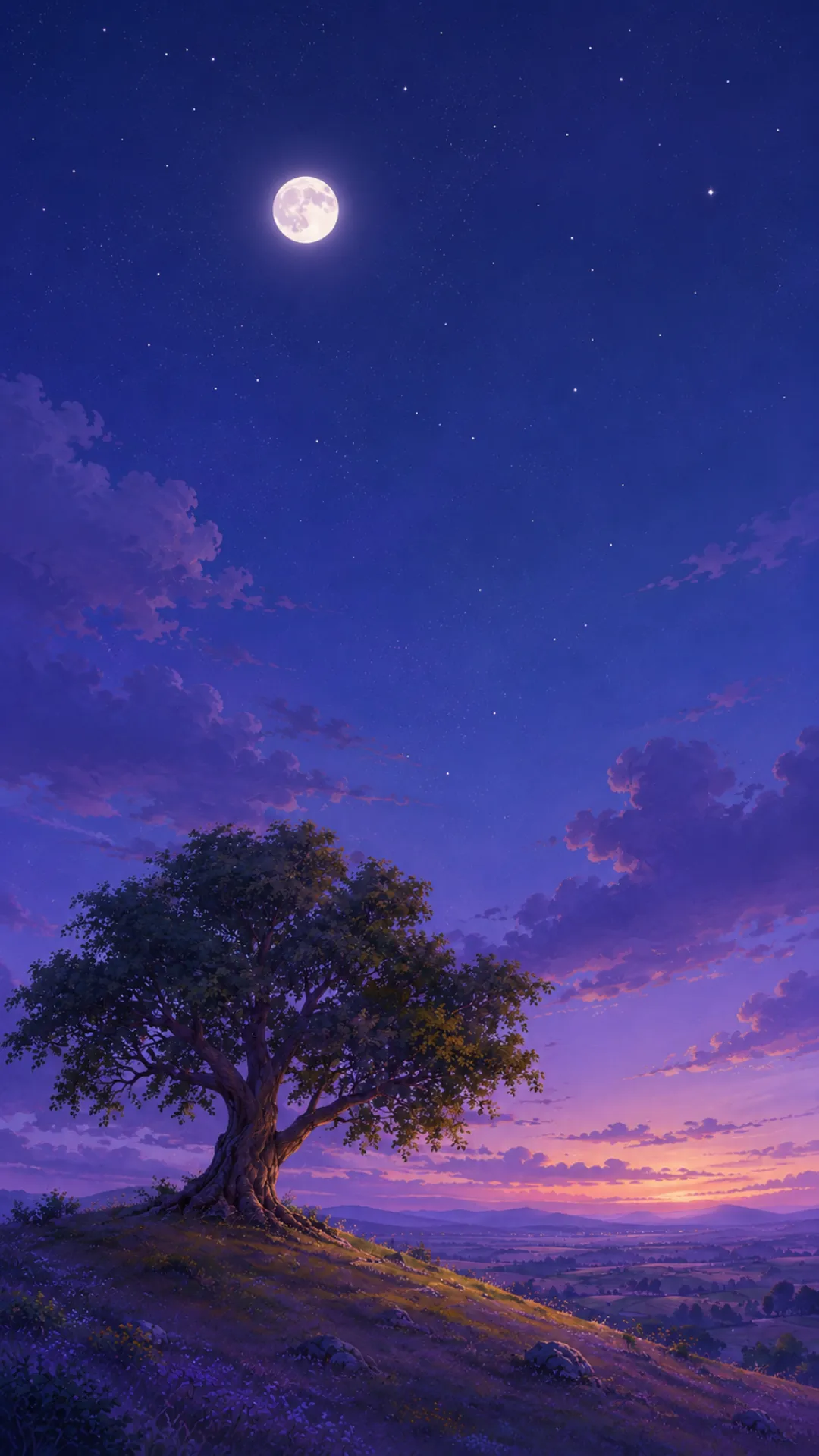 Sacred twilight banyan tree with starry sky