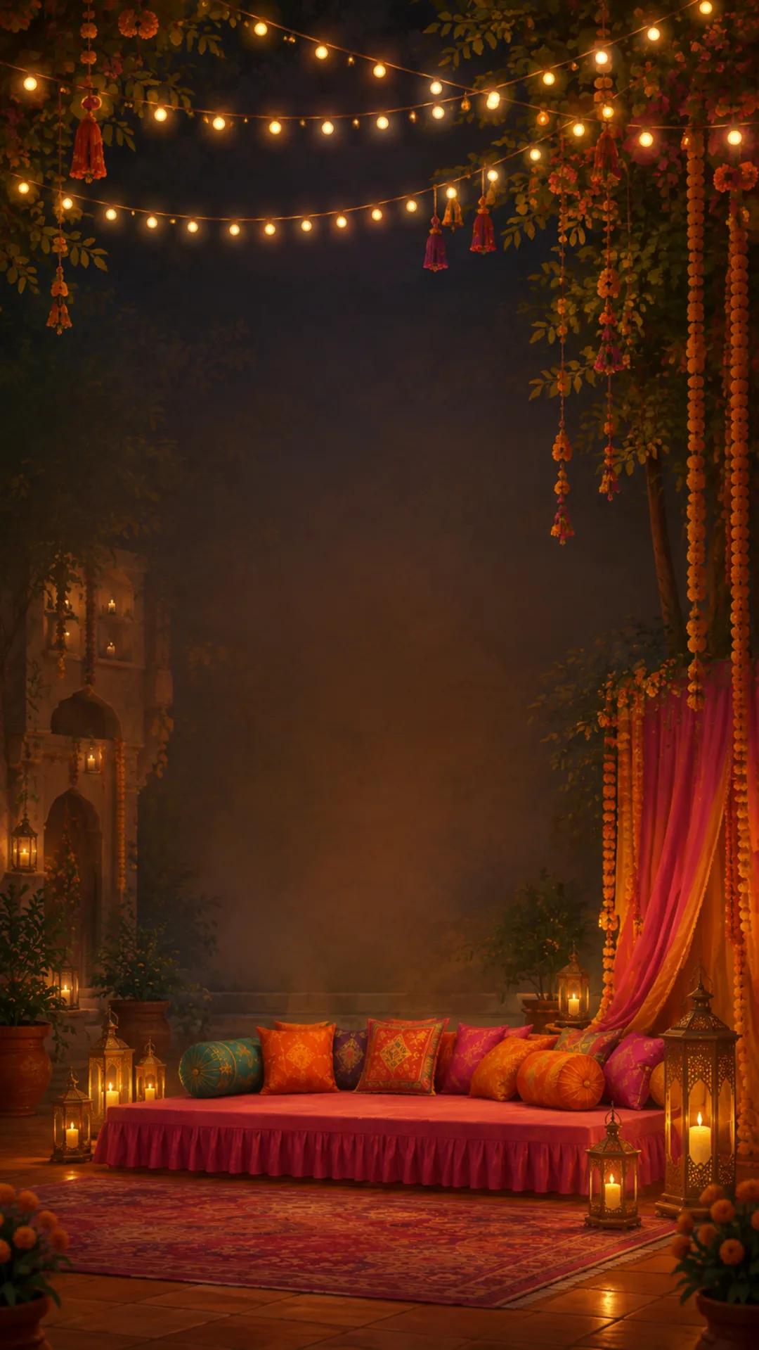 Courtyard illuminated with festive lights